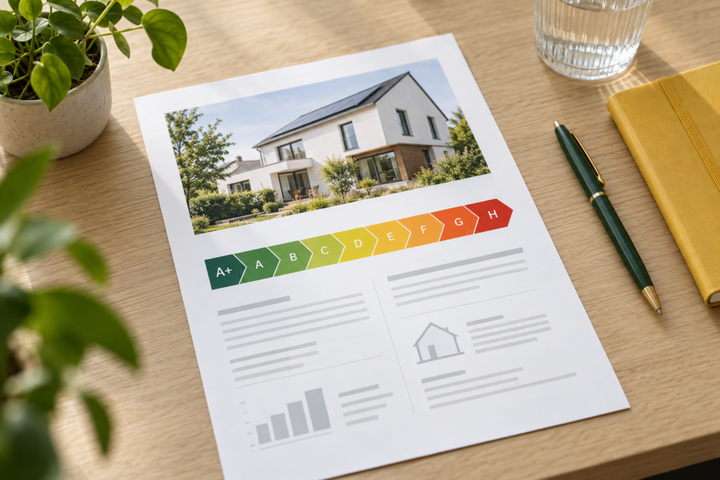 Energieausweis für ein Einfamilienhaus mit farbiger Effizienzskala von Grün bis Rot auf einem Holztisch