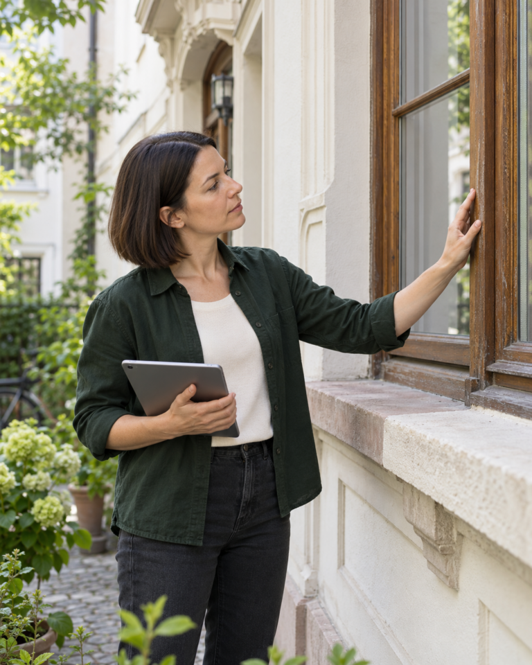 Energieberaterin mit Tablet prüft das Holzfenster eines Altbaus in Freiburg