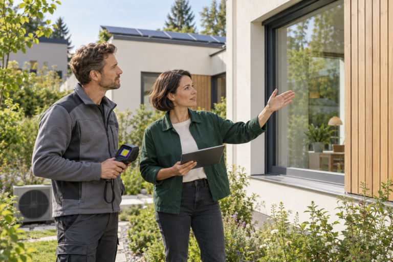 Energieberaterin und Hauseigentümer besprechen vor einem Einfamilienhaus mit Wärmepumpe und Photovoltaik die Sanierung