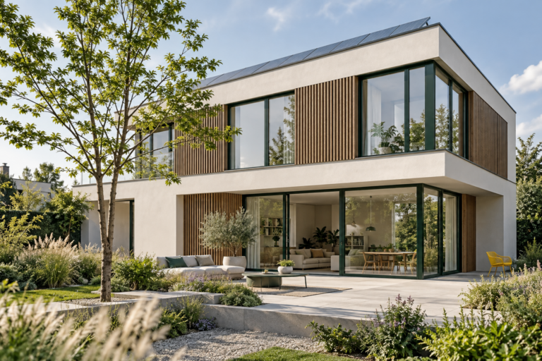 Modernes, energieeffizientes Einfamilienhaus mit großen Fensterflächen, Holzfassade und begrüntem Garten