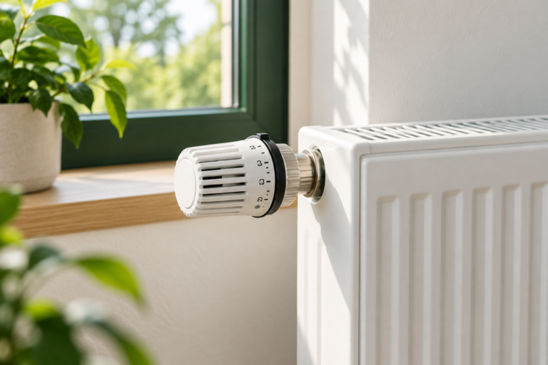 Thermostatkopf an einem weißen Heizkörper unter einem Fenster mit Grünpflanzen