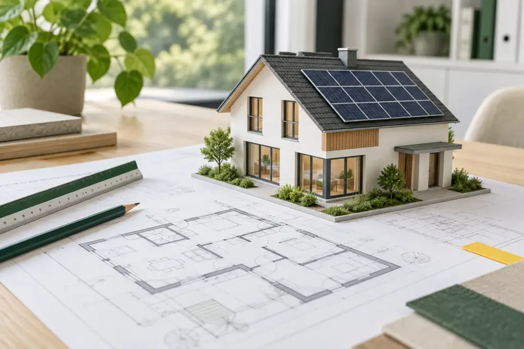 Hausmodell mit Photovoltaikanlage auf Bauplänen und Grundrissen auf einem Schreibtisch