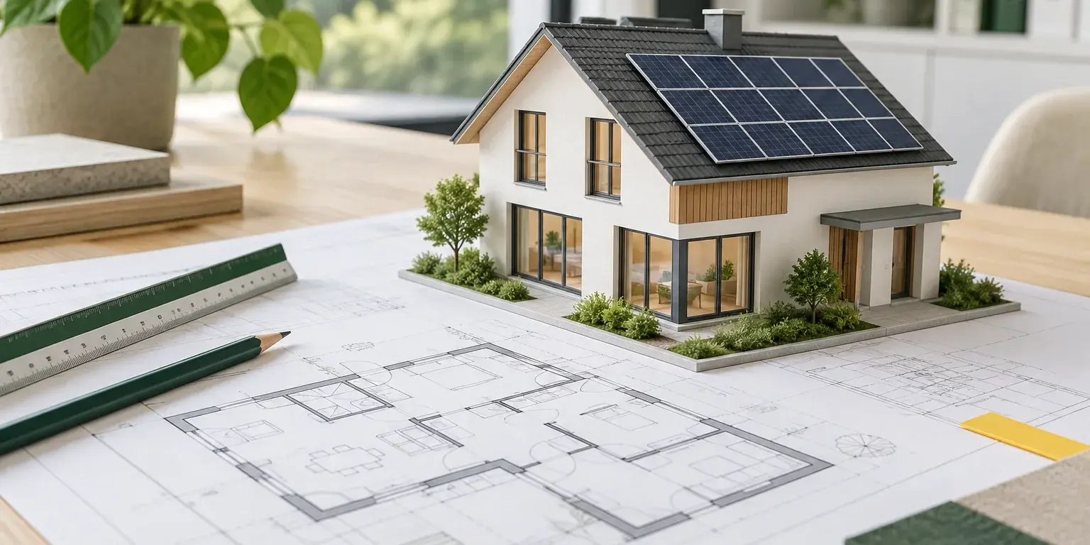 Hausmodell mit Photovoltaikanlage auf Bauplänen und Grundrissen auf einem Schreibtisch