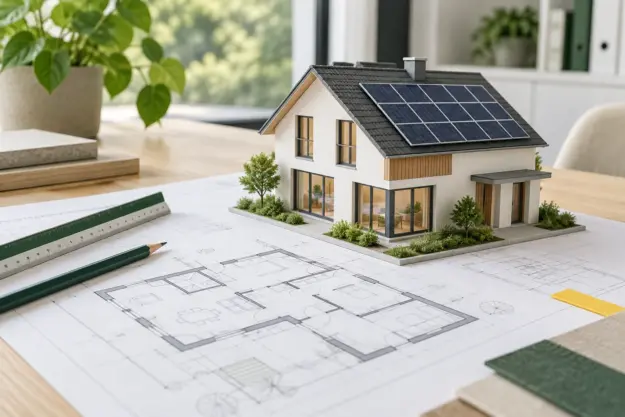 Hausmodell mit Photovoltaikanlage auf Bauplänen und Grundrissen auf einem Schreibtisch