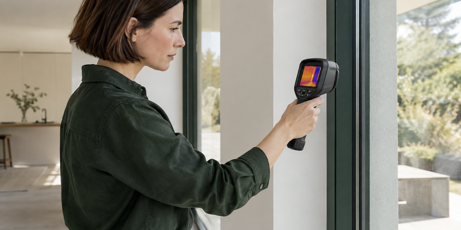 Energieberaterin prüft mit einer Wärmebildkamera ein Fenster auf Wärmebrücken