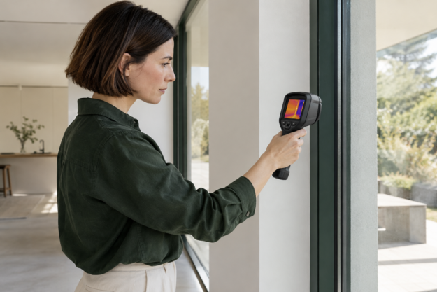 Energieberaterin prüft mit einer Wärmebildkamera ein Fenster auf Wärmebrücken